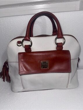 Dooney & Bourke White and Brown Pebbled Leather Satchel with Front Flap